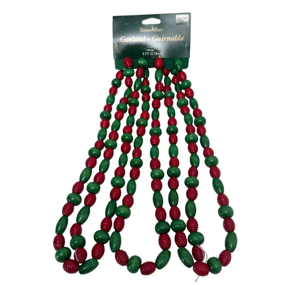 Christmas Garland Wooden Beads 9 Feet Strand Red Green by Santa's Best